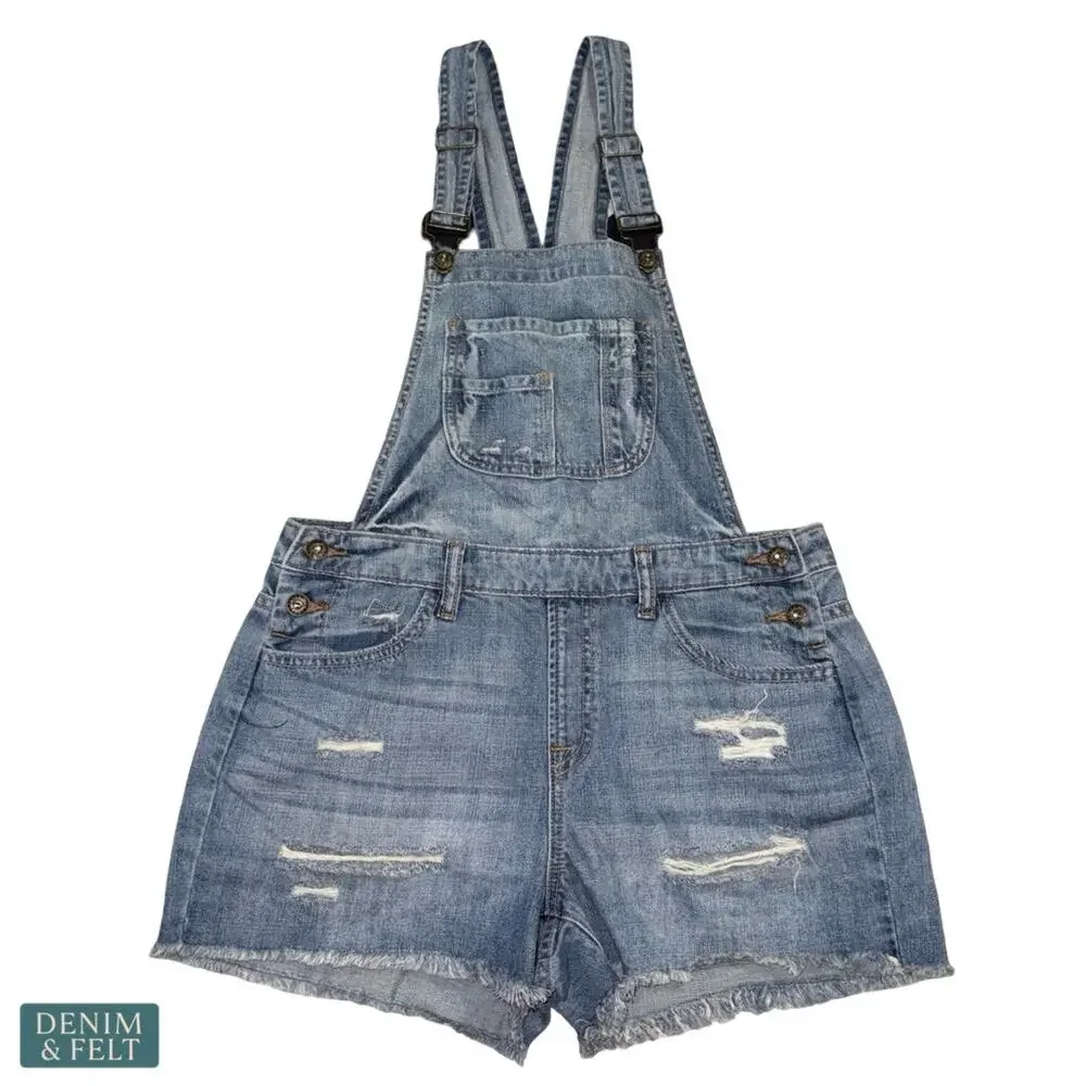 Sneak Peek Denim Short Overalls‎ Distressed Frayed Hem Bib Shorts Blue Casual